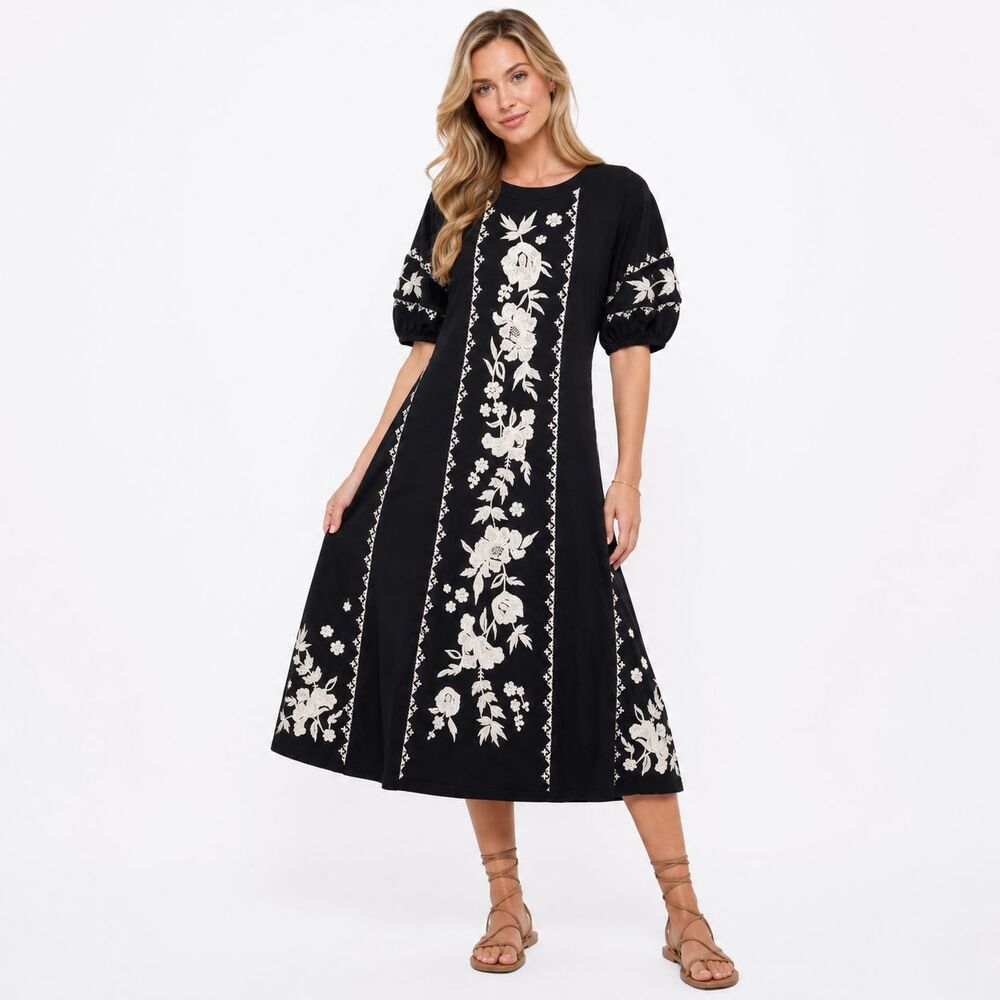 Johnny Was Los Angeles PS Petite Small Black Embroidered Floral Boho Midi Dress